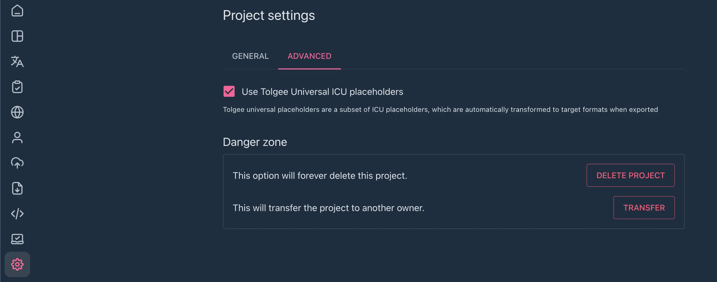 Project settings > ICU placeholders support